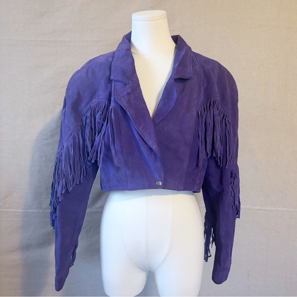 Vintage Jackets & Blazers - Vintage Phoenix purple leather cropped fringe jacket size small